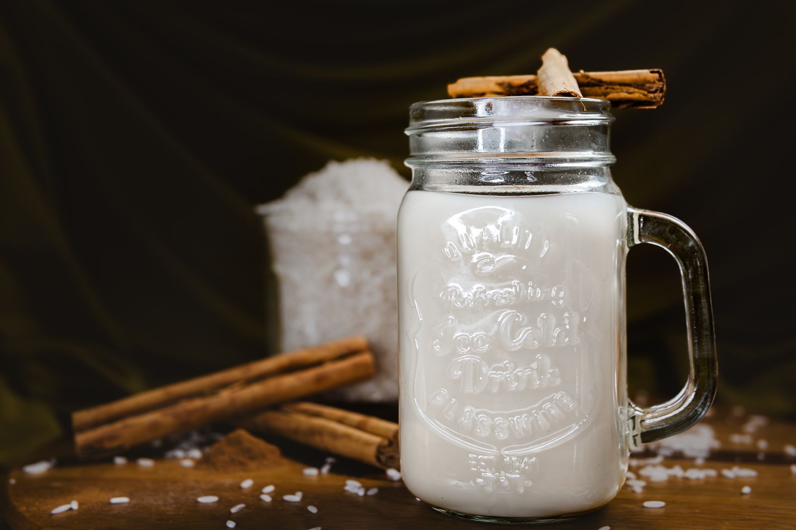 Horchata in a jar, with cinnamon